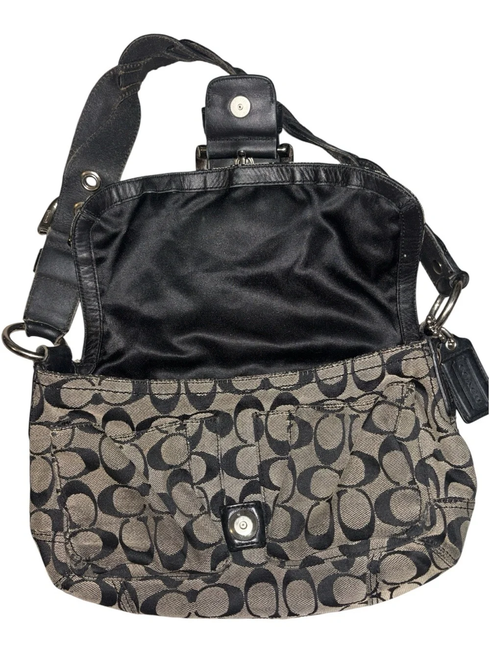 Coach Black and Beige Signature Canvas Buckle Shoulder Bag